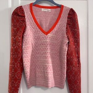 Anthropologie Cherie brick red orange sweater pullover knit top puff sleeve XS